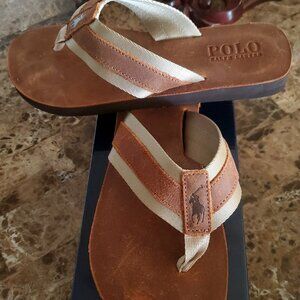 Ralph Lauren Leather FLIP FLOPS BROWN&TAN canvas Mens 7M (D=Medium) Womens 8.5M